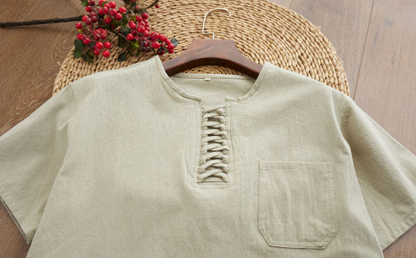 Men Causal Style Linen and Cotton Short Sleeve Tops