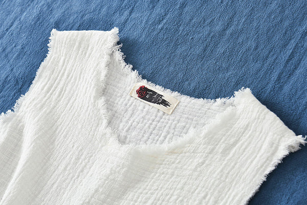 Women Linen and Cotton Sleeveless Wrinkled T-Shirt