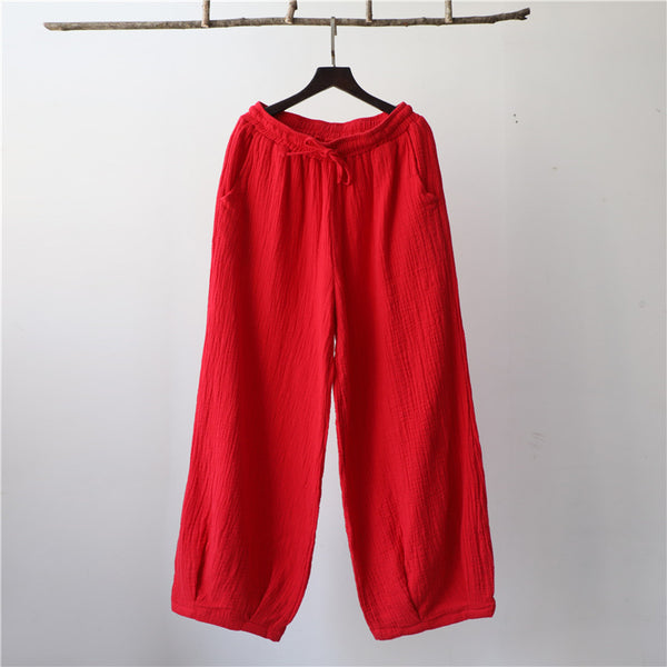 Women Retro Causal Lantern Style Linen and Cotton Wrinkle Pants