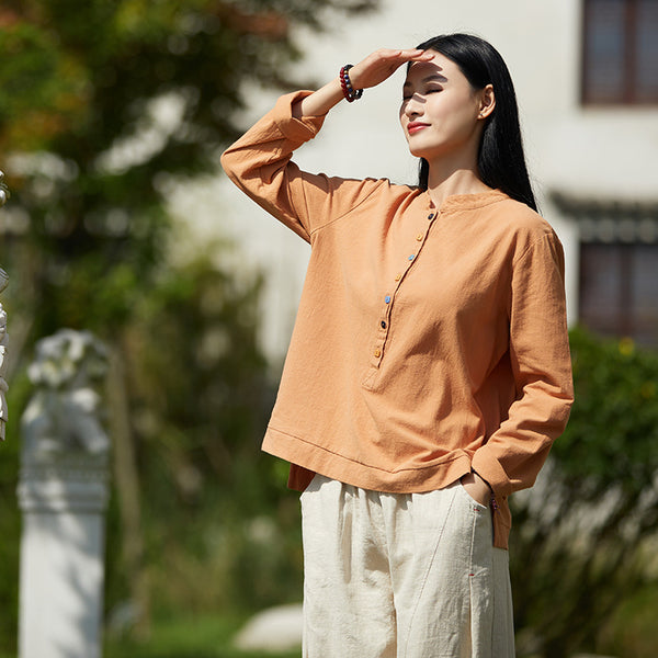 2021 Autumn NEW! Women Simple Light Style Linen and Cotton Pure Color Top Buckle Blouse Shirt