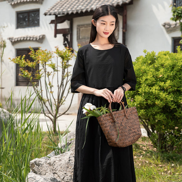 2022 Summer NEW! Women Loose Linen and Cotton Round Neck Middle Sleeve Maxi Dress