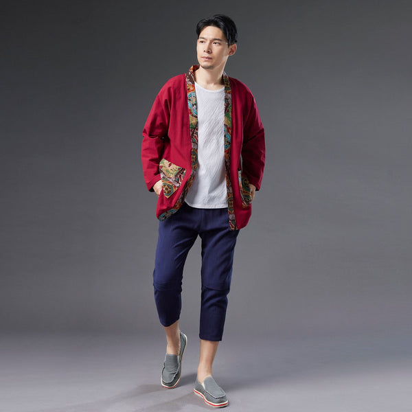 2021 Autumn NEW! Men Retro Minorities Color Linen and Cotton Long Sleeve Cardigan Thin Jacket