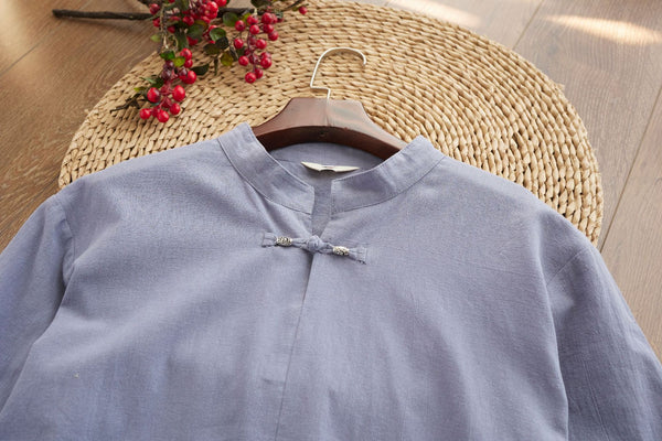 Men Causal Style Round Collar Buckle Linen and Cotton Short Sleeve Tops