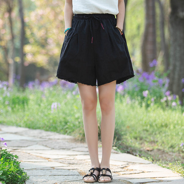 Women Simple Style Linen and Cotton Loose Shorts