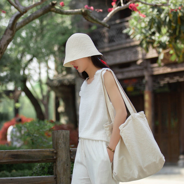 Women Linen and Cotton Sleeveless Wrinkled T-Shirt