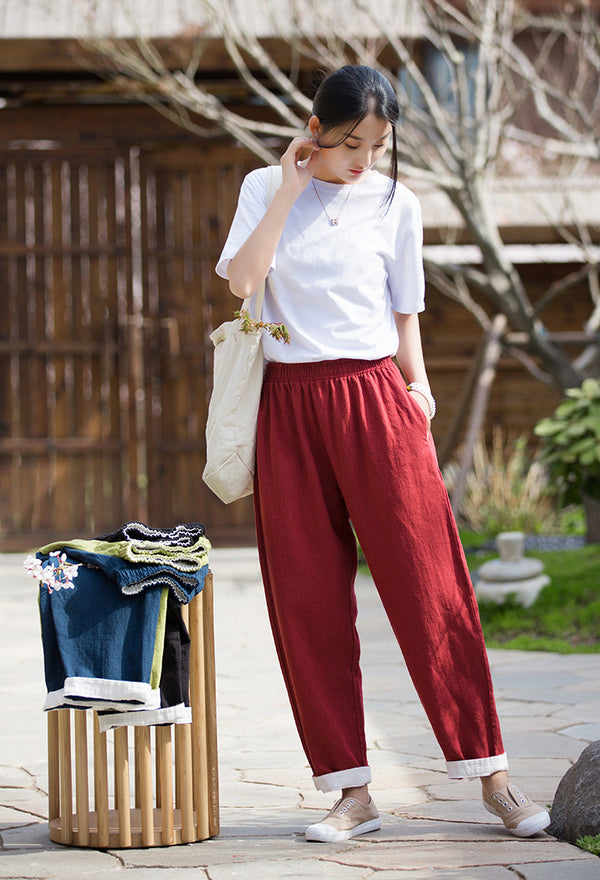 2022 Summer NEW! Women Simple Lantern Style Linen and Cotton Pants