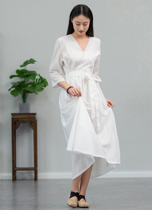 2022 Summer NEW! Women Loose Linen and Cotton V-Necked Middle Sleeve Maxi Dress