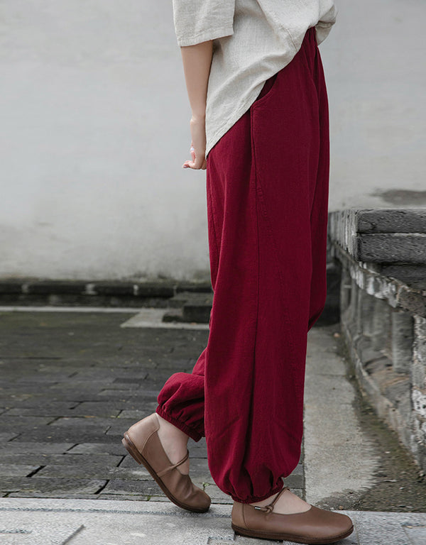 Women Retro Causal Lantern Style Linen and Cotton Patchwork Pants