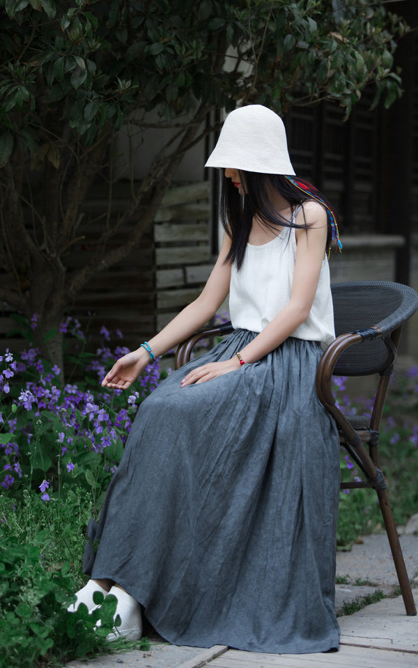 Women Simple Linen and Cotton Loose Accordion Skirt