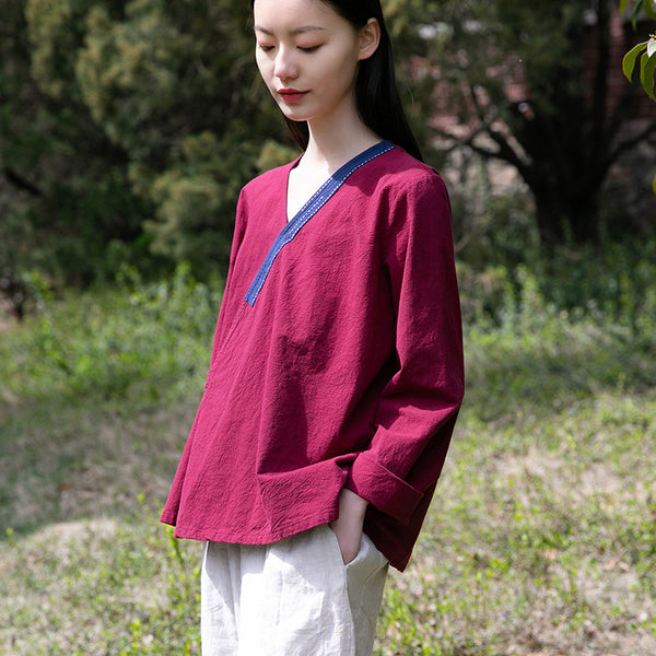 Women V-necked Zen Style Linen and Cotton Long Sleeves Cardigan Shirt