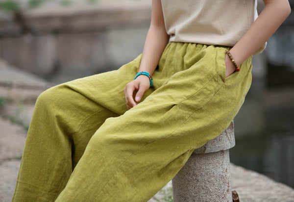 Women Linen and Cotton Causal Loose Cropped Capris