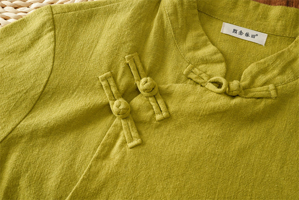 2021 Autumn NEW! Women Simple Retro Style Linen and Cotton Pure Color Top Buckle Blouse Shirt