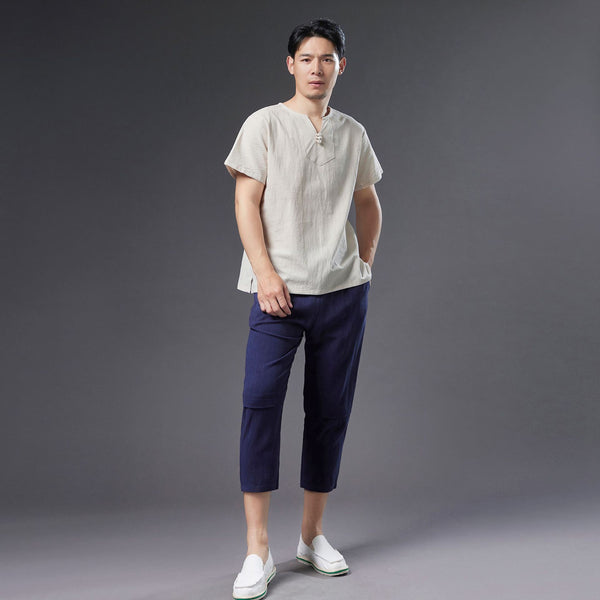Men Causal Style V Neck Buckle Linen and Cotton Short Sleeve Tops