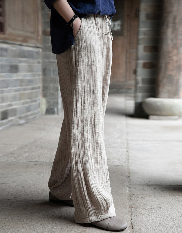 Women Retro Causal Lantern Style Linen and Cotton Wrinkle Pants