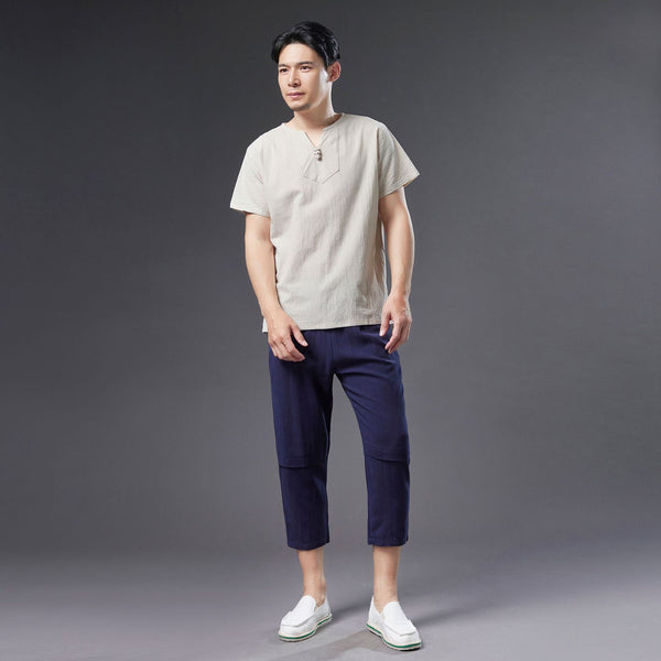 Men Causal Style V Neck Buckle Linen and Cotton Short Sleeve Tops