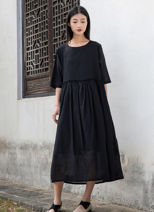 2022 Summer NEW! Women Loose Linen and Cotton Round Neck Middle Sleeve Maxi Dress