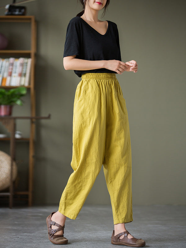 2021 Autumn NEW! Women Lantern Style Linen and Cotton Causal Patchwork Front Pocket Cropped Capris