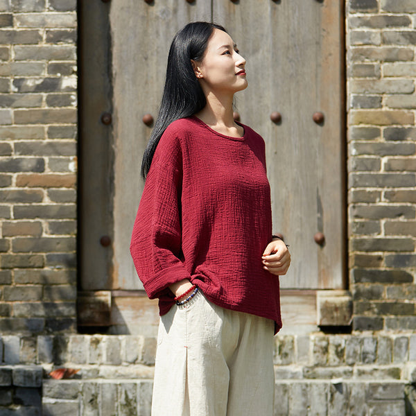 2021 Autumn NEW! Women Simple Loose Style Linen and Cotton Pure Color Round Neck T-Shirt