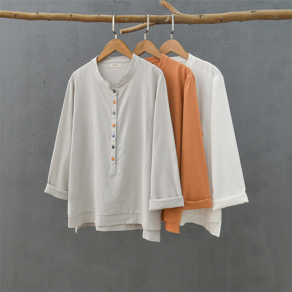 2021 Autumn NEW! Women Simple Light Style Linen and Cotton Pure Color Top Buckle Blouse Shirt