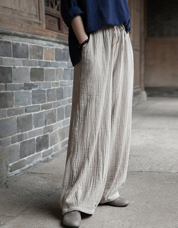Women Retro Causal Lantern Style Linen and Cotton Wrinkle Pants