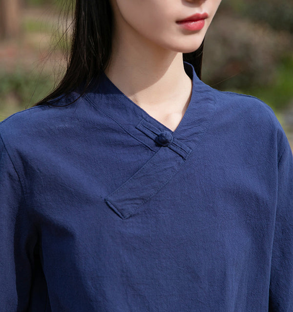 Women Asian Style Linen and Cotton Middle Sleeves Chinese Blouse