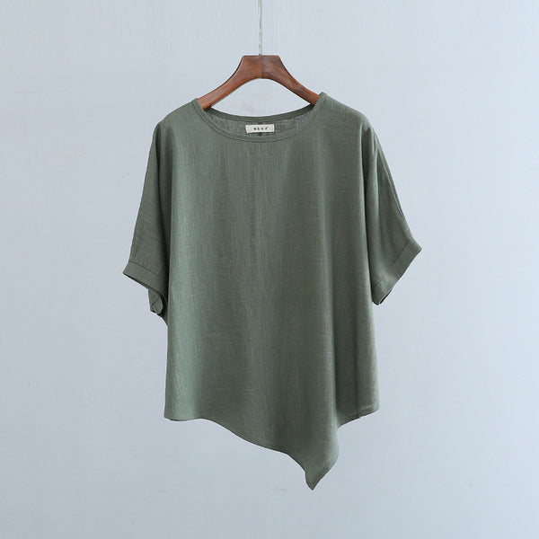 2022 Summer NEW! Women Modern Style Linen and Cotton Round Necked Mid-length Sleeves Shirt