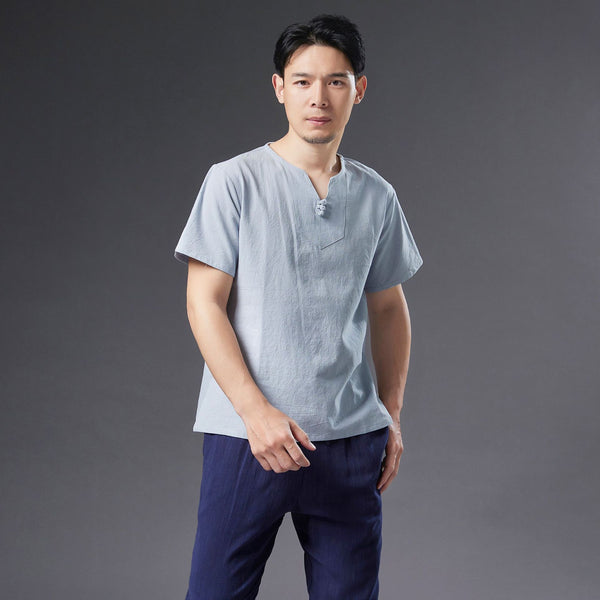 Men Causal Style V Neck Buckle Linen and Cotton Short Sleeve Tops