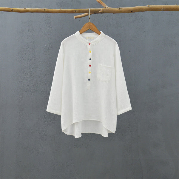 2021 Autumn NEW! Women Simple Light Style Linen and Cotton Pure Color Top Buckle Wrinkled Blouse Shirt