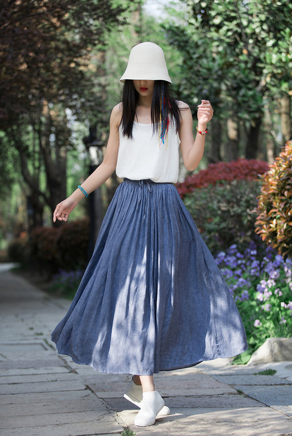 Women Simple Linen and Cotton Loose Accordion Skirt