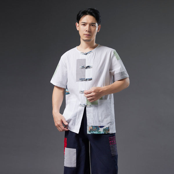 Men Retro Style Linen and Cotton Short Sleeve Patchwork Cardigan Shirts