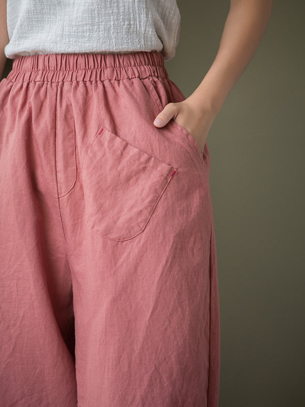 2021 Autumn NEW! Women Lantern Style Linen and Cotton Causal Patchwork Front Pocket Cropped Capris