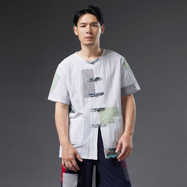 Men Retro Style Linen and Cotton Short Sleeve Patchwork Cardigan Shirts