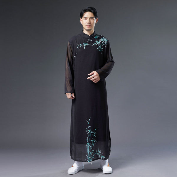 Men Classic Asian Style Linen Long Sleeve Round Collar Bamboo Printed Cheongsam