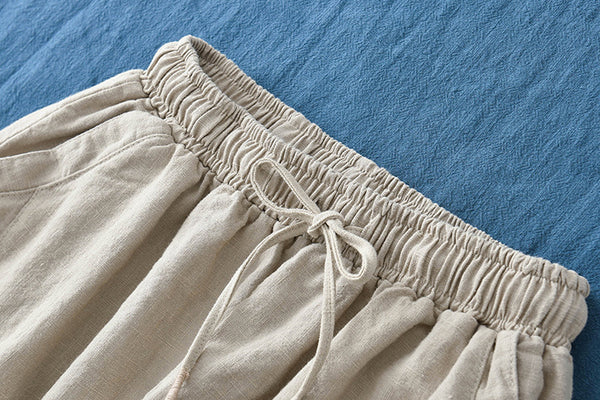 Women Linen and Cotton Causal Loose Cropped Drawstring Capris