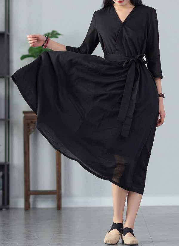 2022 Summer NEW! Women Loose Linen and Cotton V-Necked Middle Sleeve Maxi Dress