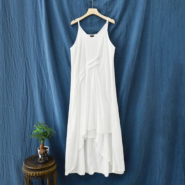 Women Loose Linen and Cotton Pure Color Layered Slip Dress