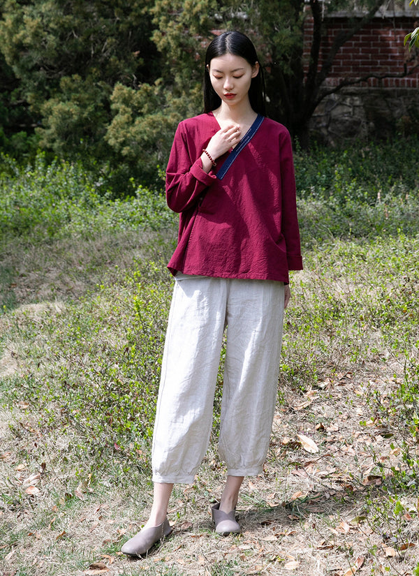 Women V-necked Zen Style Linen and Cotton Long Sleeves Cardigan Shirt