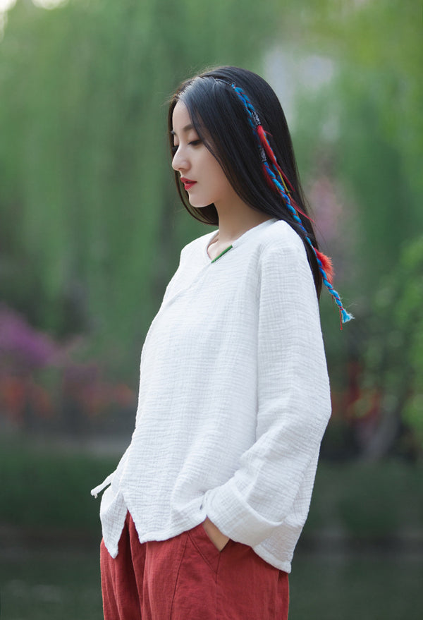 Women Zen Style Linen and Cotton Long Sleeves Side Cardigan Wrinkled Shirt