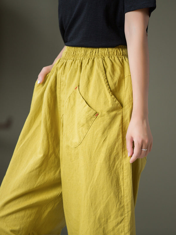 2021 Autumn NEW! Women Lantern Style Linen and Cotton Causal Patchwork Front Pocket Cropped Capris