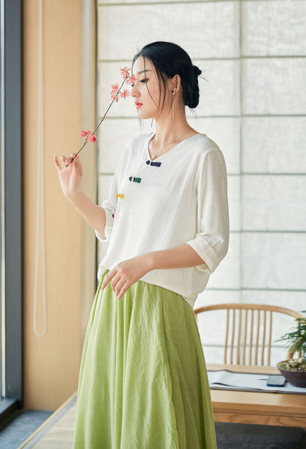 2022 Summer NEW! Women Eastern Style Linen and Cotton Mid Sleeve Shirt