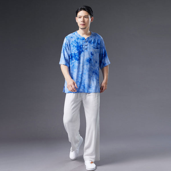 Men Causal Style Linen and Cotton Short Sleeve Dyed Color Tops