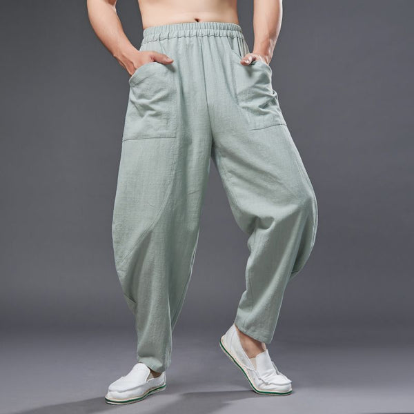 2022 Summer NEW! Men Causal Style Linen and Cotton Big Pockets Small Leg Pants