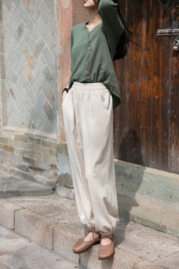 Women Retro Causal Lantern Style Linen and Cotton Patchwork Pants