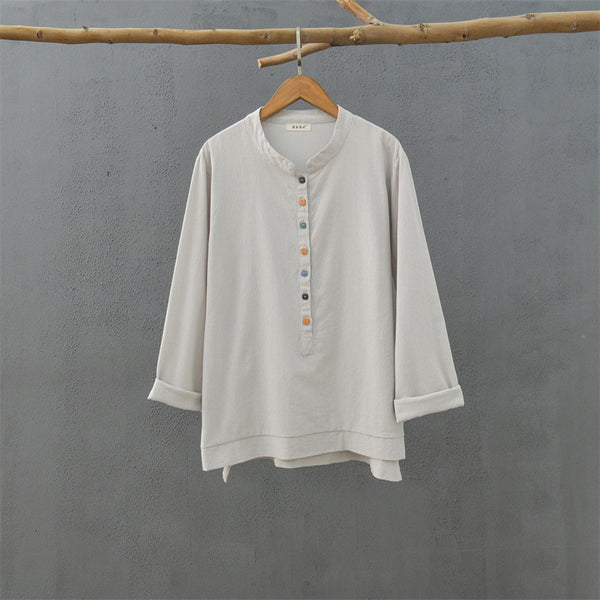 2021 Autumn NEW! Women Simple Light Style Linen and Cotton Pure Color Top Buckle Blouse Shirt
