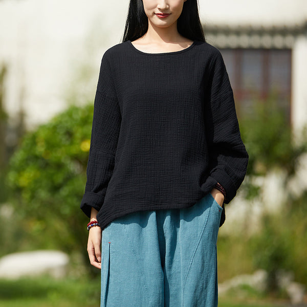 2021 Autumn NEW! Women Simple Loose Style Linen and Cotton Pure Color Round Neck T-Shirt