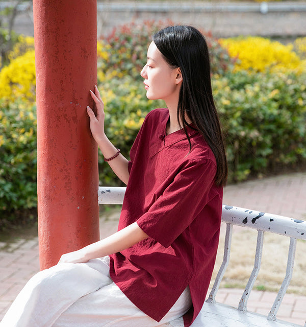 Women Asian Style Linen and Cotton Middle Sleeves Chinese Blouse