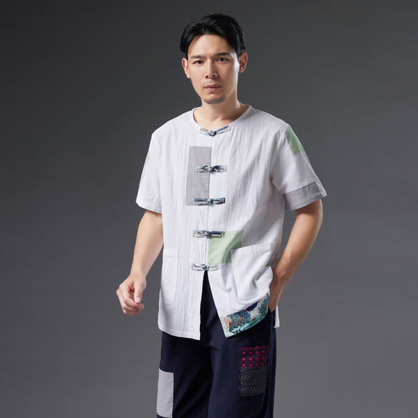 Men Retro Style Linen and Cotton Short Sleeve Patchwork Cardigan Shirts