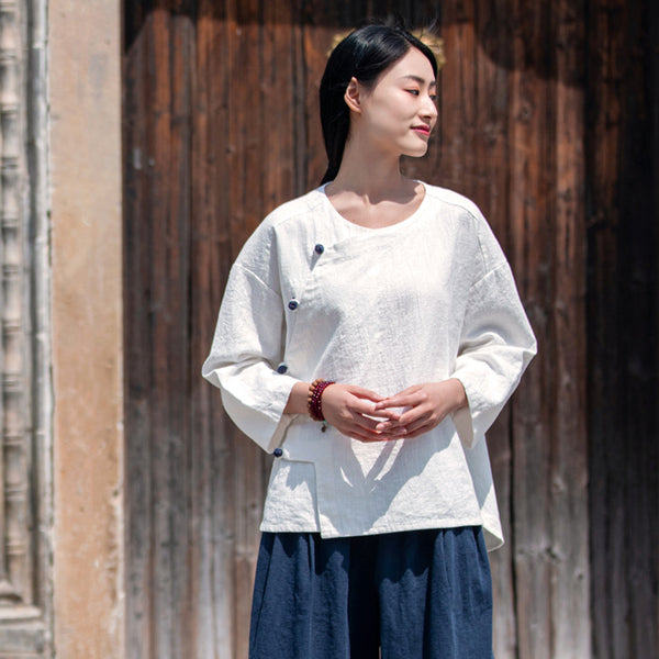 2022 Summer NEW! Women Chinese Ethnic Style Wrinkled Linen and Cotton Bracelet Sleeves Shirt