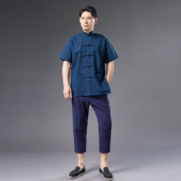Men Retro Style Linen and Cotton Short Sleeve Pure Color Cardigan Shirts