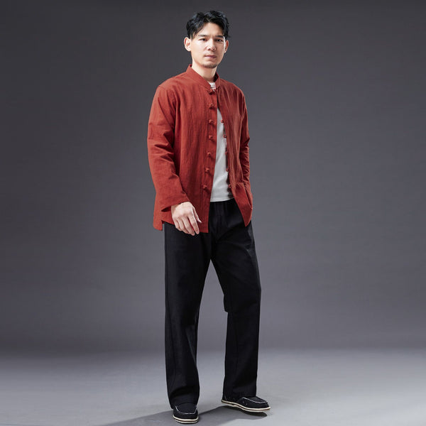 2022 Summer NEW! Men Easten Style Sand Washed Linen and Cotton Long Sleeve Middle Buckle Thin Jacket